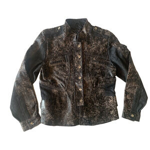 H&D Moto Jacket Womens XS Black-Brown Leather w Denim Motorcycle Jacket